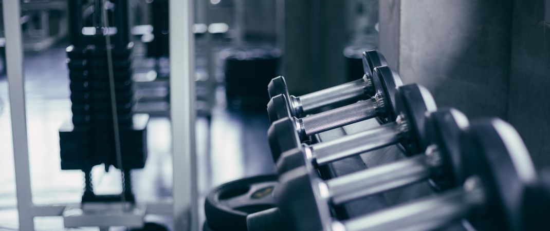 Weights on the rack in a gym or fitness center