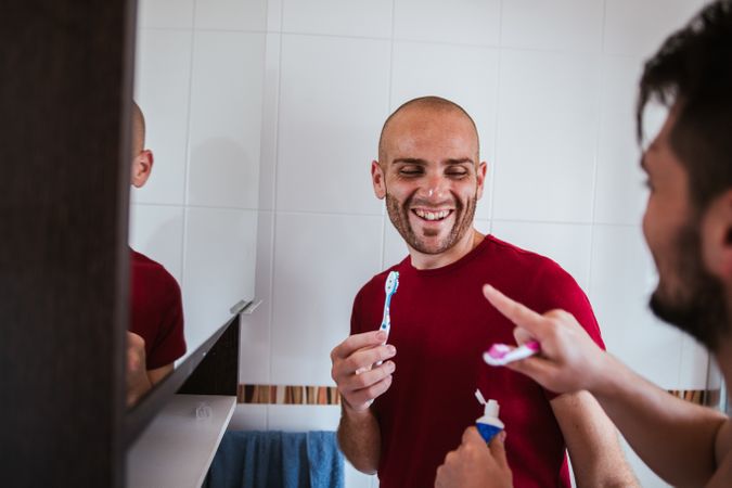 Gay couple in bathroom's room