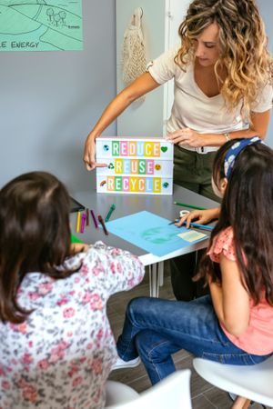 Teacher explaining to students a ecologic process using lightbox with text reduce, reuse, recycle