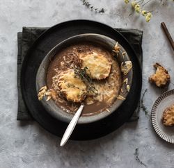 Bowl with French onion soup