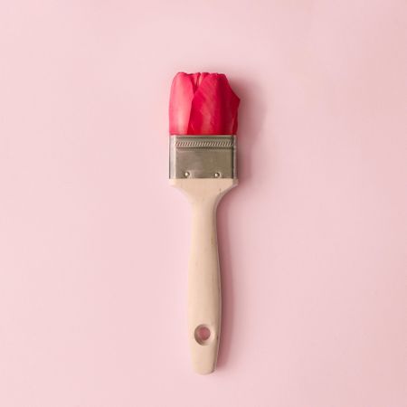 Paint brush and red tulip flower on pastel pink background