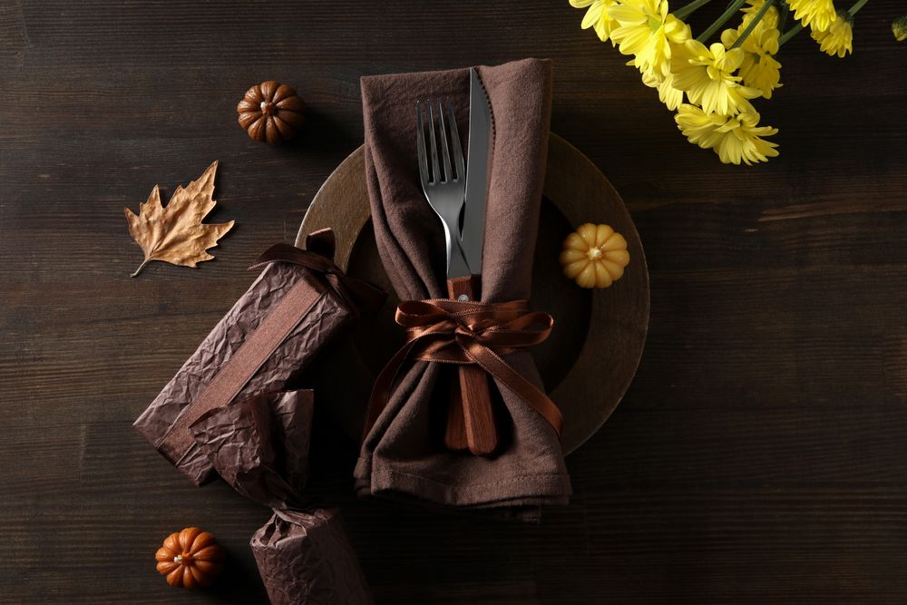 Concept of Thanksgiving day, Autumn table setting, top view