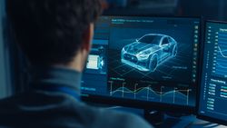 Professional Automotive Graphic Designer is Working on 3D CAD Software Rendering Electric Concept Car and Calculating its Efficiency in a High Tech Innovative Laboratory with a Prototype.