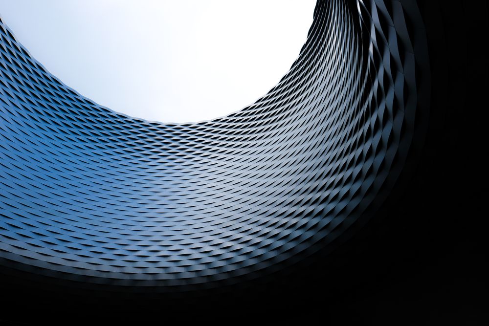 Bottom view of Messeplatz cylinder in Basel, Switzerland