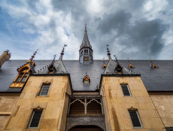 Empty streets of the medieval city of Beaune in Burgundy. The stormy sky