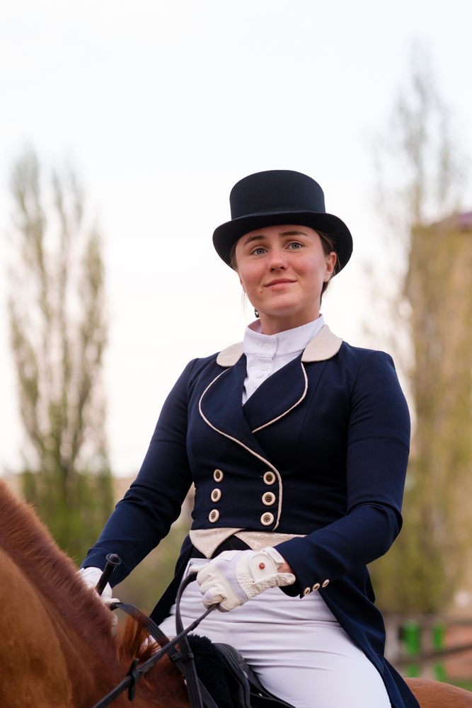 Equestrian in dressage attire on chestnut horse