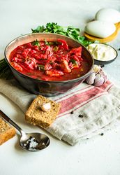 Tasty bowl of Ukrainian beetroot soup borscht