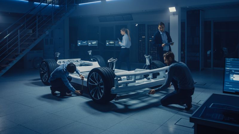 Team of Automotive Engineers Working on Electric Car Platform Chassis, Taking Measures, working with 3D CAD Software