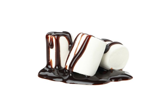 Marshmallow in chocolate sauce isolated on blank background