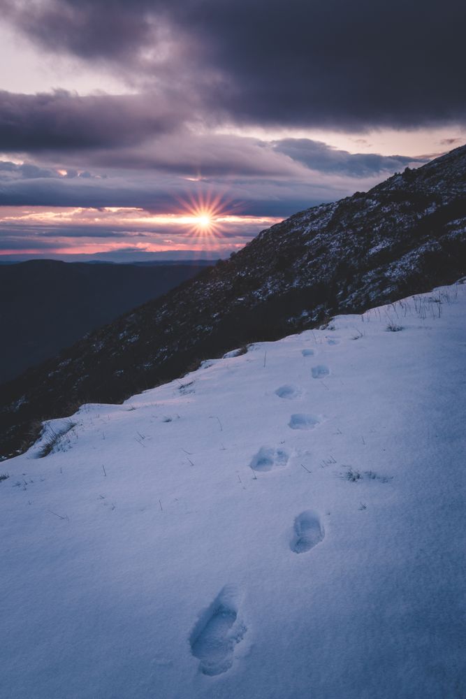 Sun setting over snowy mountains