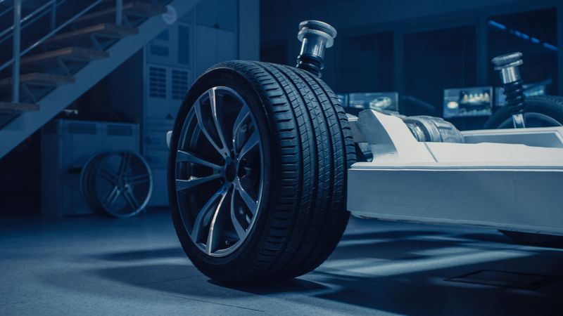 Shot of Automobile Concept: Authentic Electric Car Platform Chassis. Hybrid Frame Include: Wheels, Engine, Brakes and Battery.