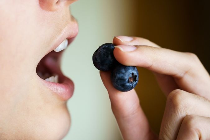 Crop of girl with mouth open eating fresh blueberries