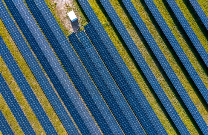 Solar panels drone aerial view on a sunny day