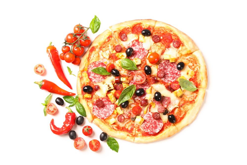 Delicious pizza and ingredients isolated on blank background. Flat lay