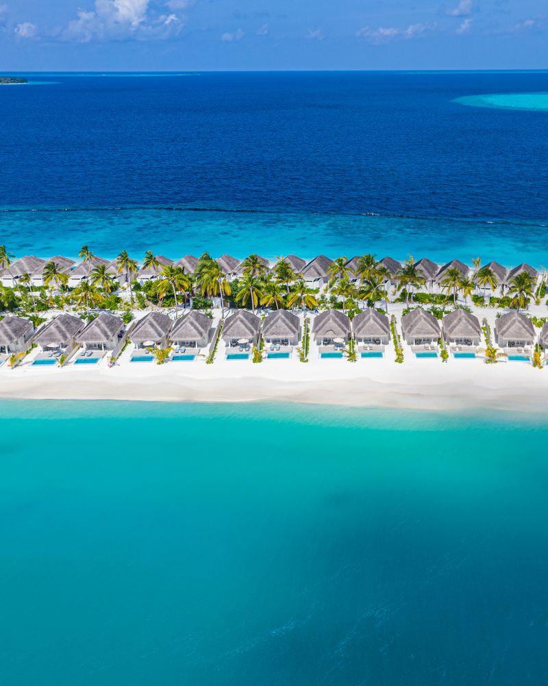 Holiday villas lined up on a tropical beach