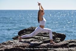 Female wearing sport clothes and stretching on coastal rocks 4Ax3W5
