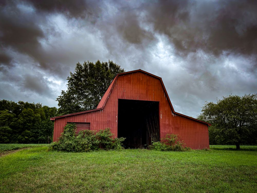 Red barn in the storm