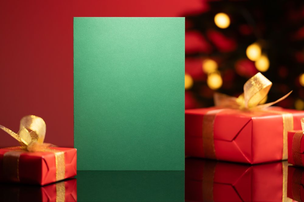 Christmas greeting card mockup with gifts