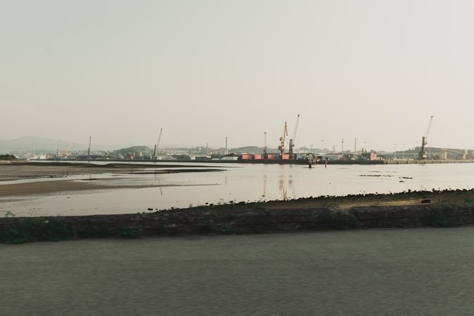Industrial landscape with sea bay and port cranes