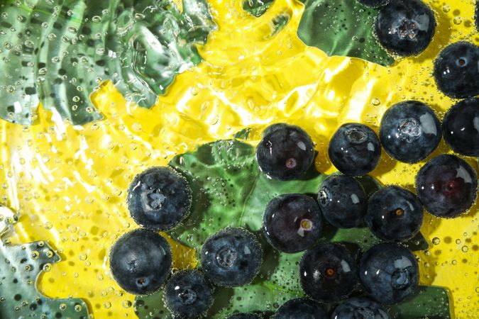 Top view of blueberries in sparkling water with leaves with copy space