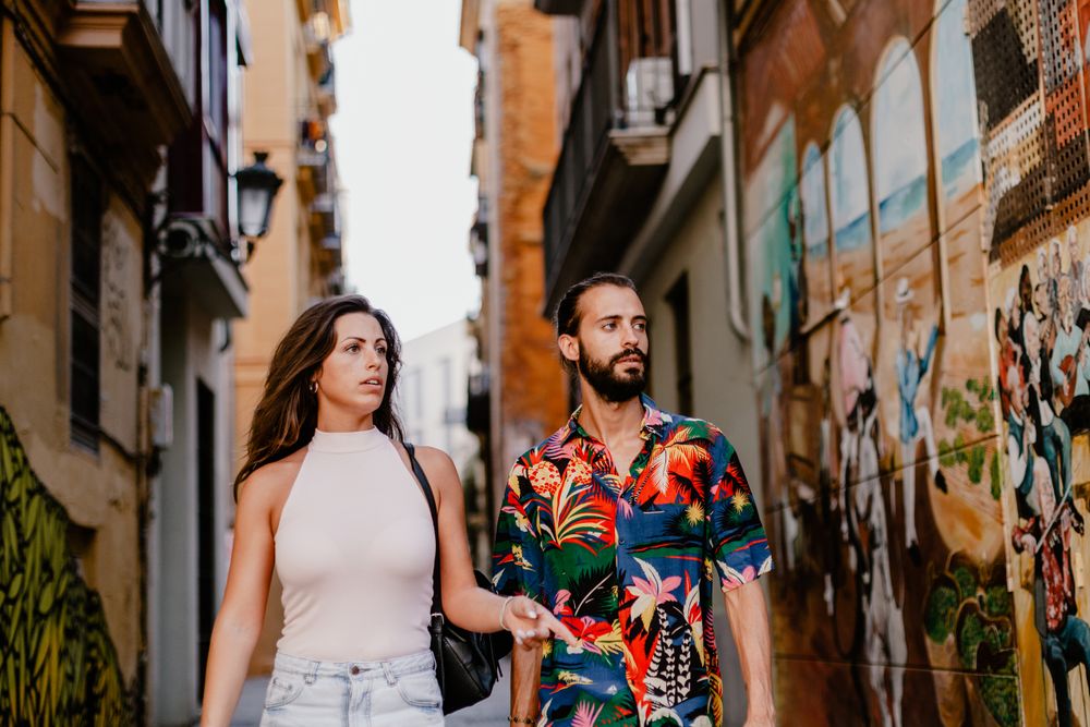 Loving couple on street in summer time