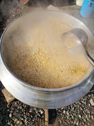 Boiling Yellow Soybeans in a Traditional Pot