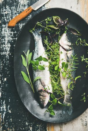 Sea bass with herbs in dark bowl, with knife