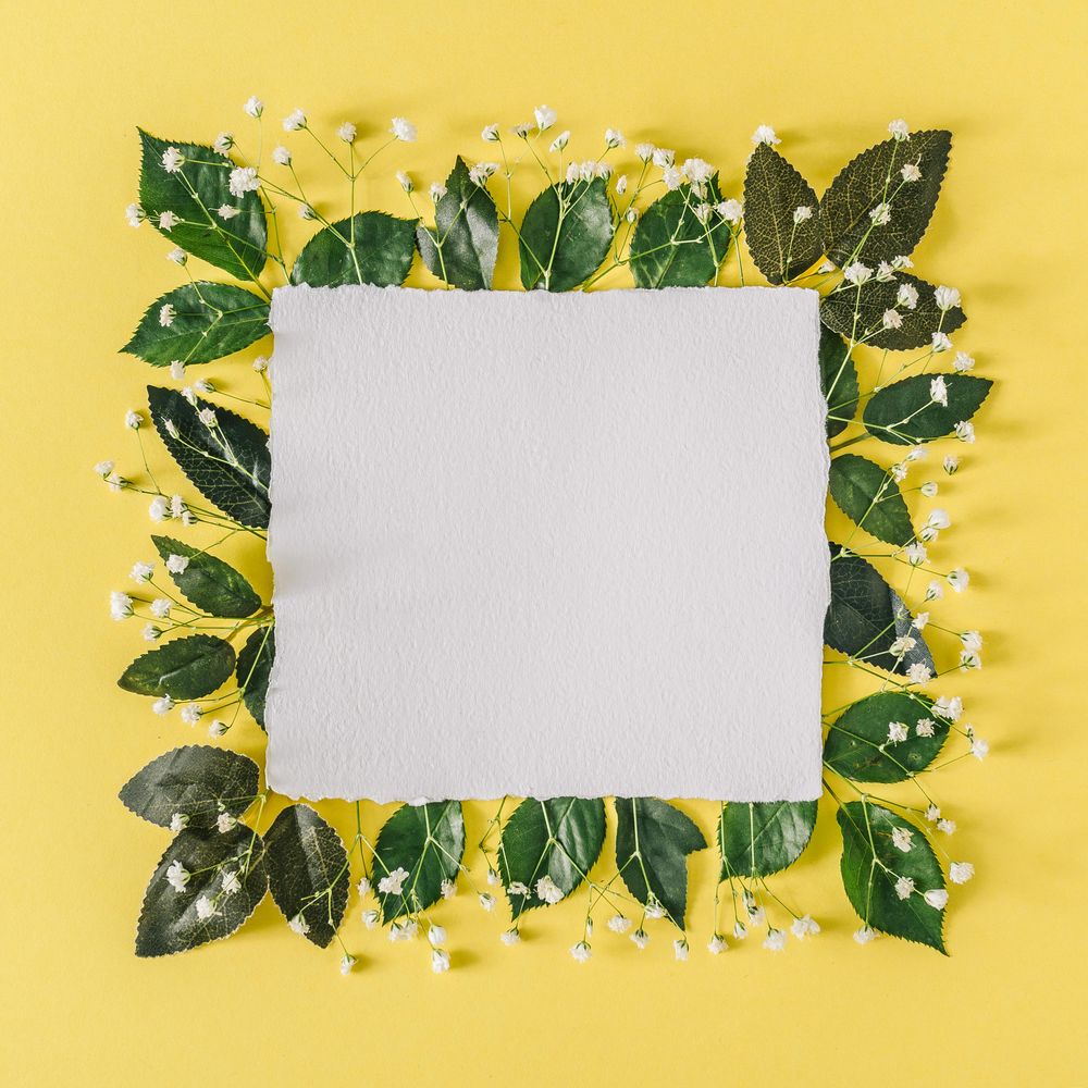 Layout with flowers and leaves on yellow background