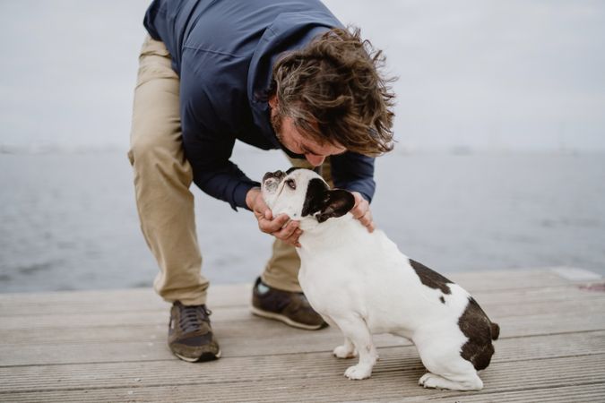 Dog sniffing hand of owner