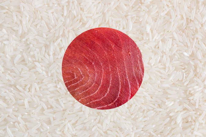 Flag of Japan made of rice and tuna meat texture