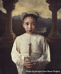 Portrait of girl in long-sleeved top holding sword 4NxNm0