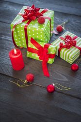 Three Christmas gifts and ornaments