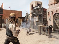 Two cowboys duel in Western theme park’s movie set e5z7n4