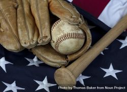 Vintage baseball equipment on US Flag 4ArQ6b