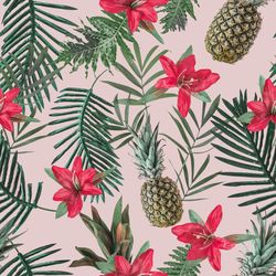 Pineapple pattern with leaves and red flowers on blush pastel background