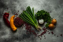 Fresh ingredients on counter for vegetarian chili with beans