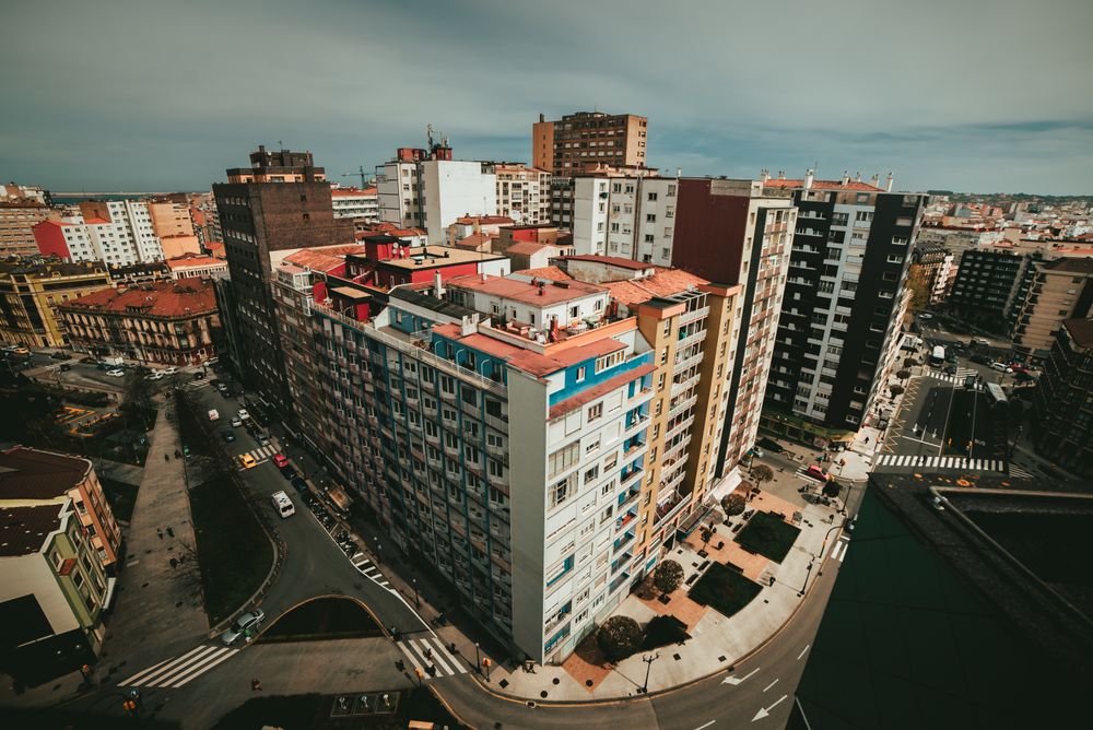 Panoramic view of town and blue sky with clouds in sunny day