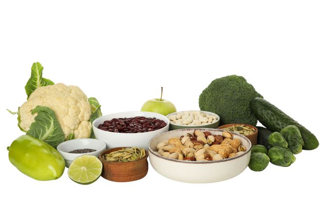 Set of protein vegan products, isolated on plain background