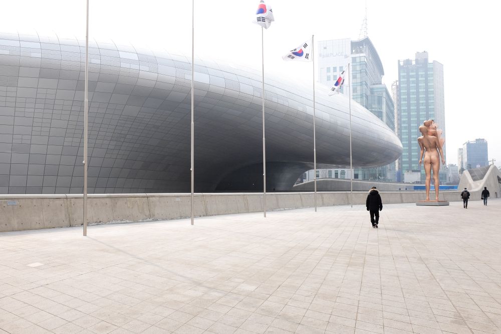 People walking on a South Korean plaza
