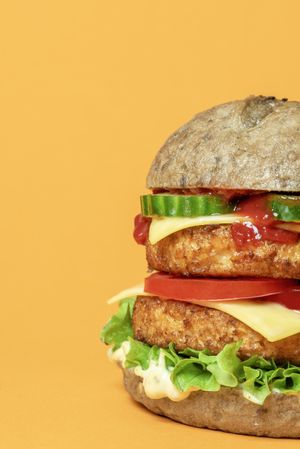 Veggie burger close-up isolated on an orange background