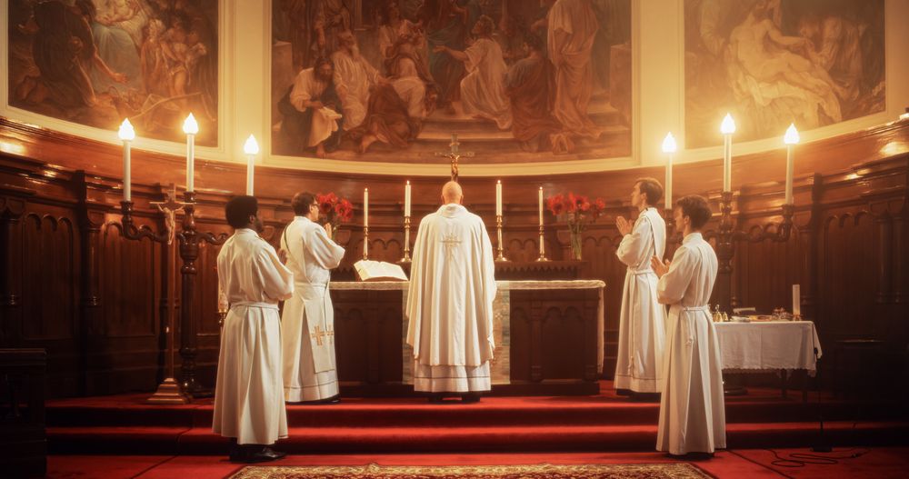 In Grand Old Church at the Altar Ministers Lead The Eucharist, a Sacred Christian Ceremony.