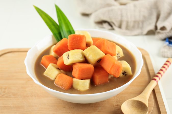 Kolak Pisang Ubi, Indonesian Popular Dessert for Takjil Ramadan on Bowl