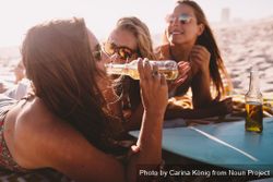 Group of young women drinking beer at the beach R0JAlb