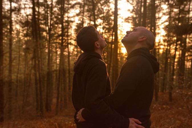 Men hugging in forest at sunset