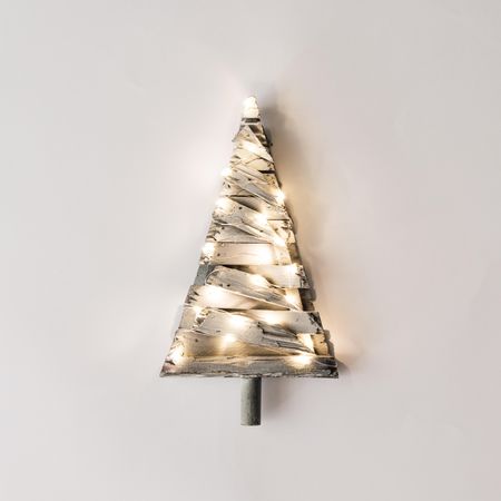 Christmas tree made of planks of wood with lights