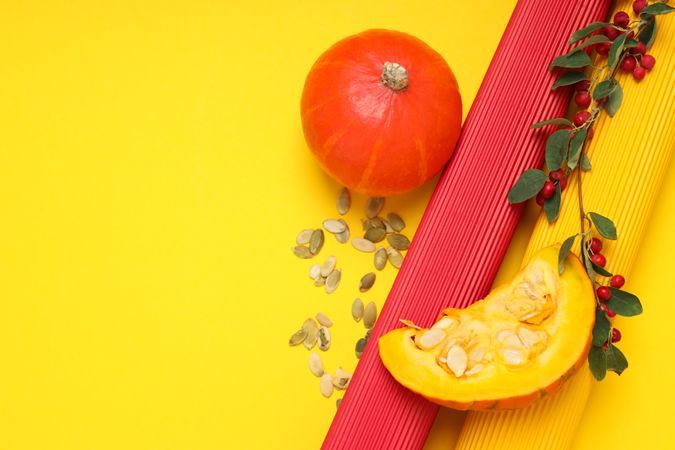 Concept of Autumn vibe food, Pumpkin, Pumpkin seeds, space for text