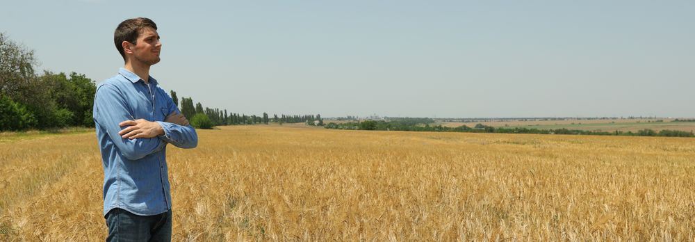 Young man in barley field. Agriculture business. Farming