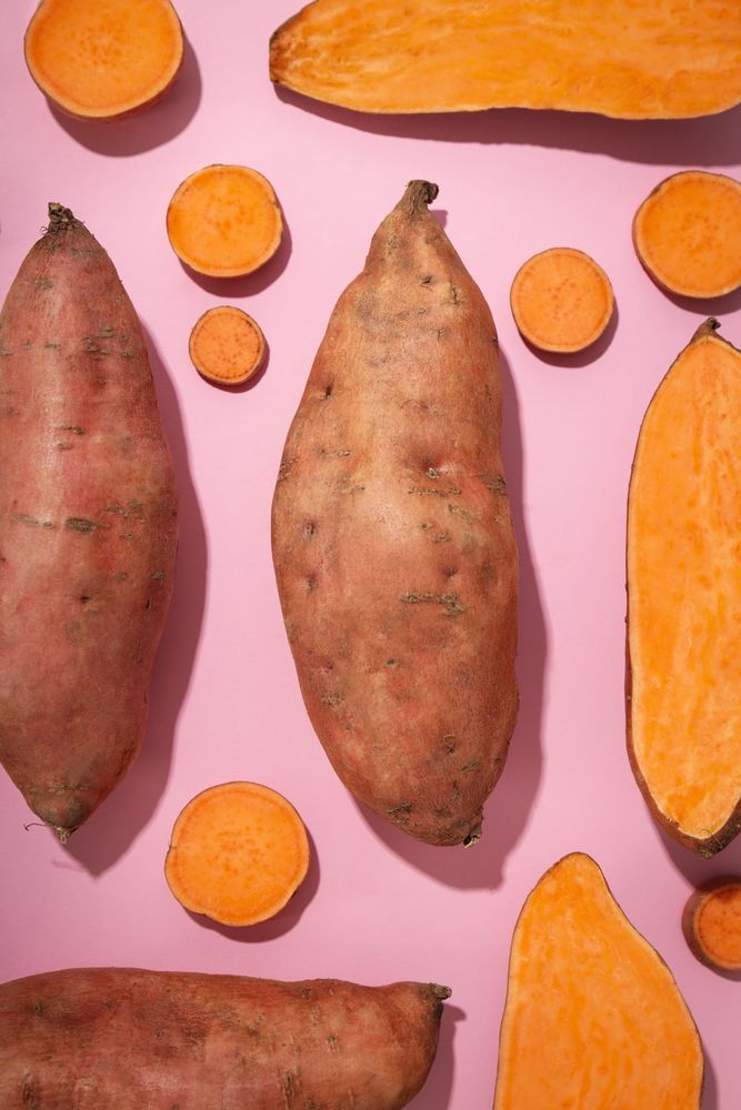 Concept of vegetables, sweet potato, top view