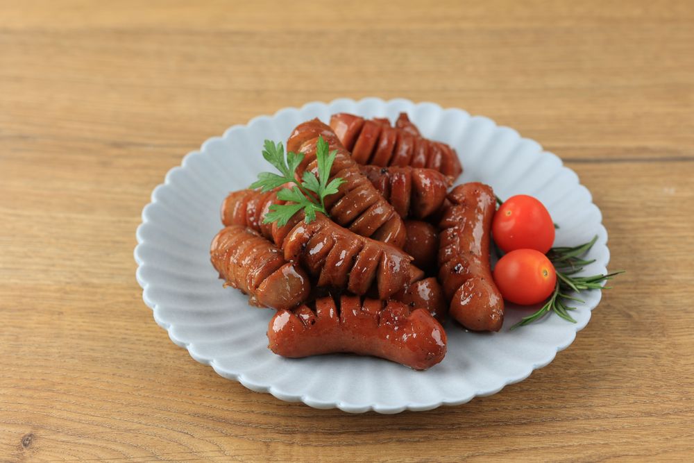 Stir Fry Sausages Beef Cocktail in Ceramic Plate