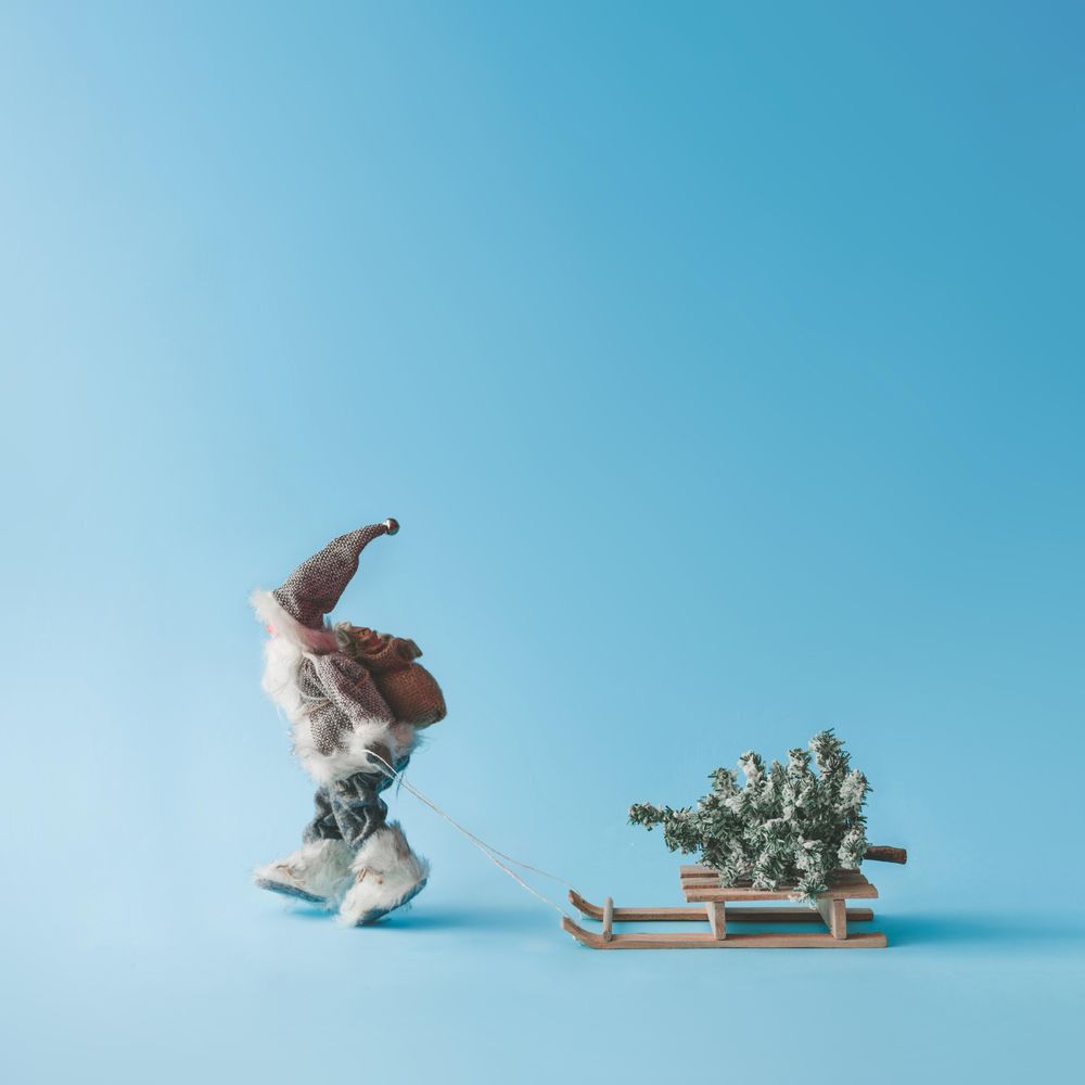 Santa Claus dressed in gray pulling Christmas tree with bright blue background